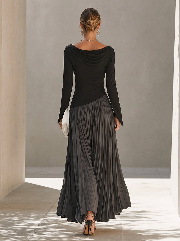Marine | Robe Maxi Plissée à Col Drapé Bicolore Noir et Gris