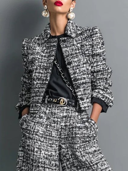 Ensemble Veste Courte Effet Tweed et Pantalon Large