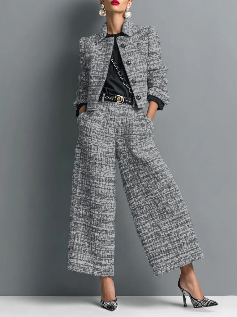 Ensemble Veste Courte Effet Tweed et Pantalon Large