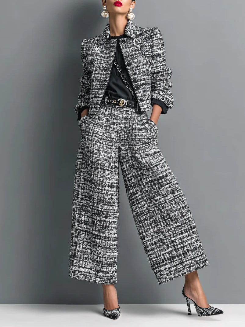 Ensemble Veste Courte Effet Tweed et Pantalon Large