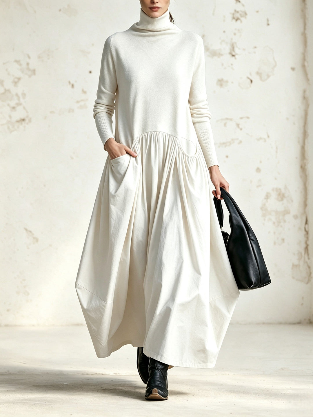 Odette | Robe Maxi Noire Oversize à Col Montant