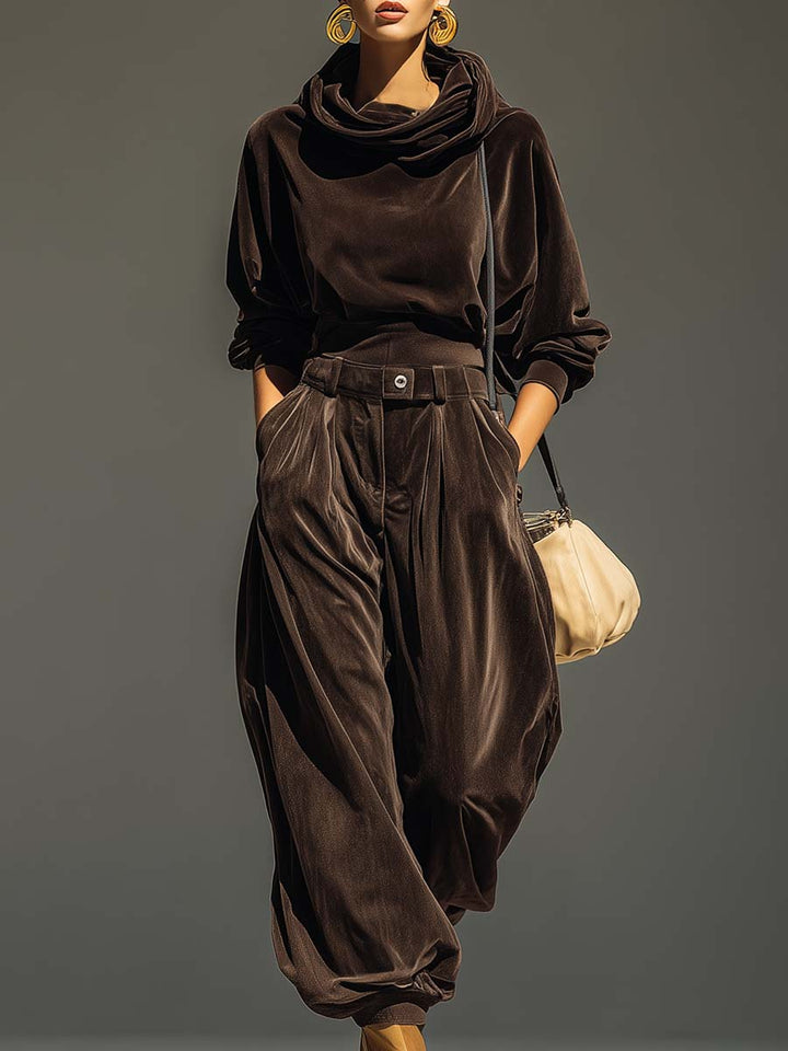 Ensemble Vintage en Velours Sweat à Capuche et Pantalon Ample (Ceinture Incluse)