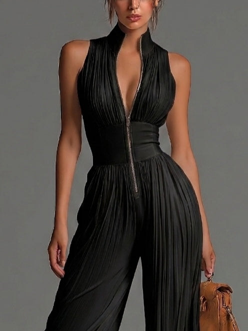 Combinaison Noire en Mousseline Plissée, Col en V et Jambes Larges