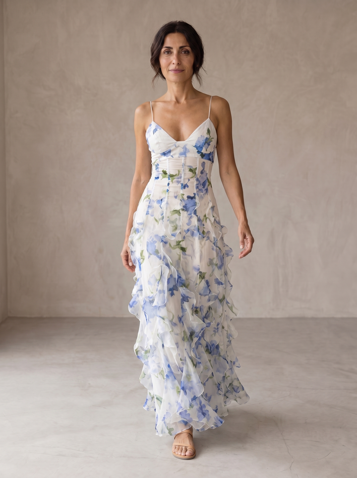 Robe Midi en Tissu Floral avec Détails Froncés - Maison Élise