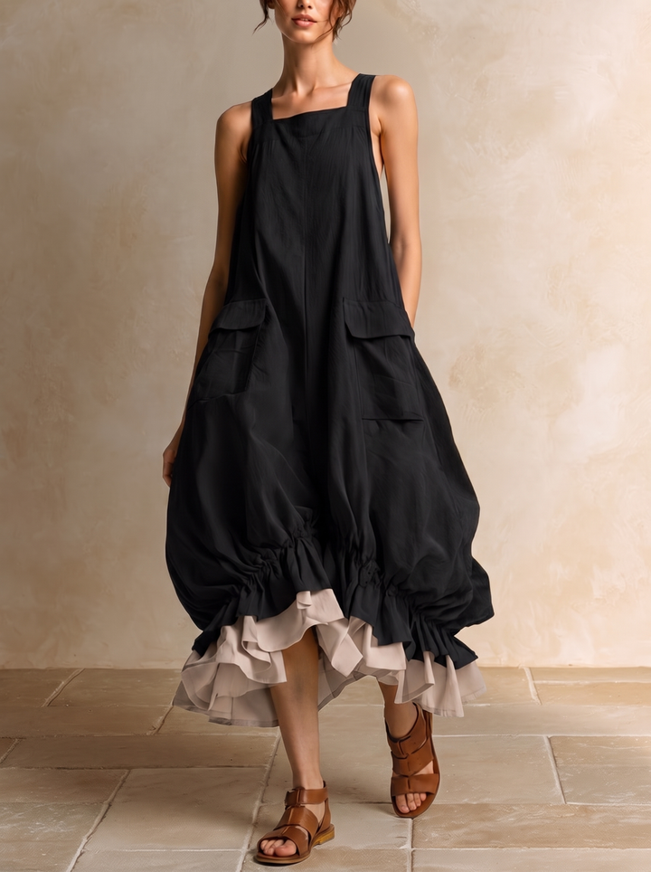 Danielle | Robe Midi Bulle Sans Manches à Grandes Poches, Superpositions et Ourlet Volanté