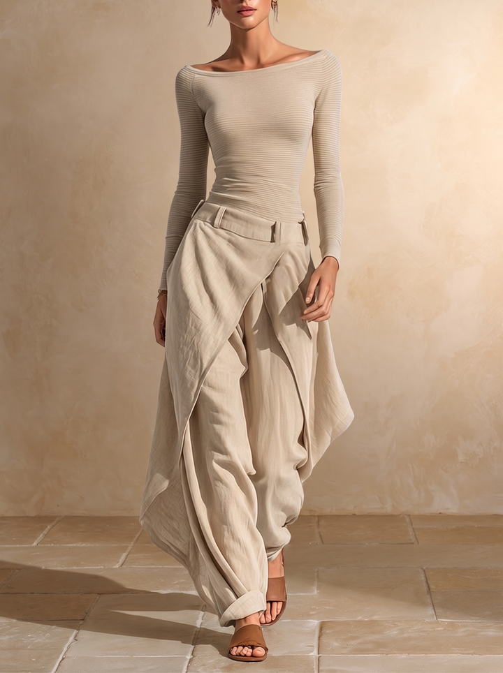 Juliette | Haut Beige Col Bateau et Ensemble Pantalon Large à Superpositions