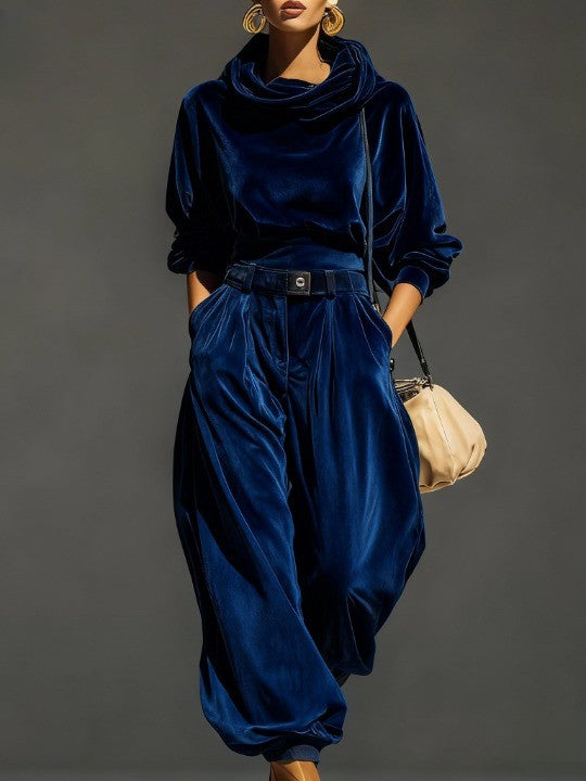 Ensemble Vintage en Velours Sweat à Capuche et Pantalon Ample (Ceinture Incluse)