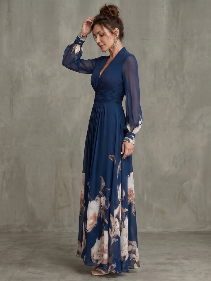Maude | Robe Longue à Ourlet Fleuri et Manches Transparentes