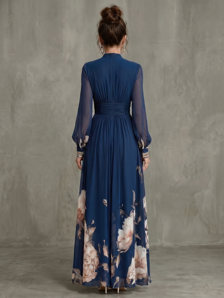 Maude | Robe Longue à Ourlet Fleuri et Manches Transparentes