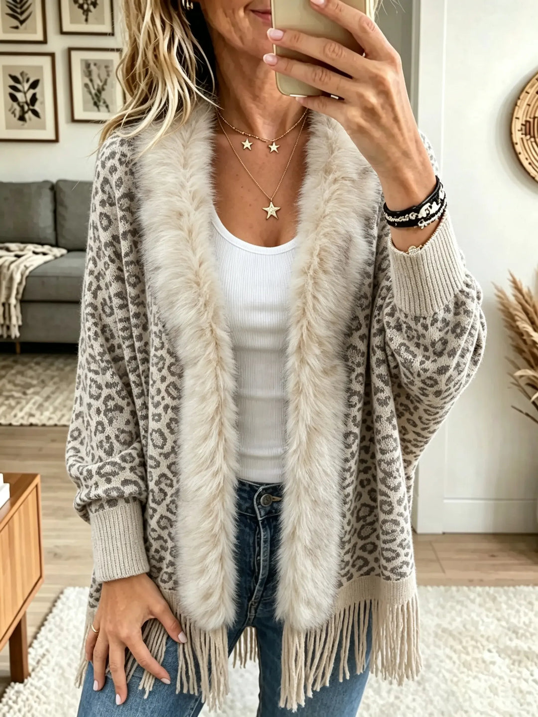 Églantine | Cardigan à Franges et Col en Fausse Fourrure Léopard