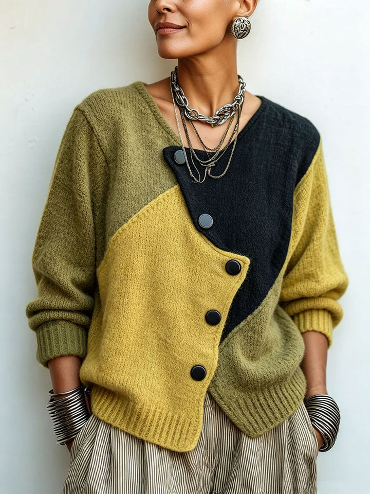 Pull Artistique Asymétrique en Maille Color Block