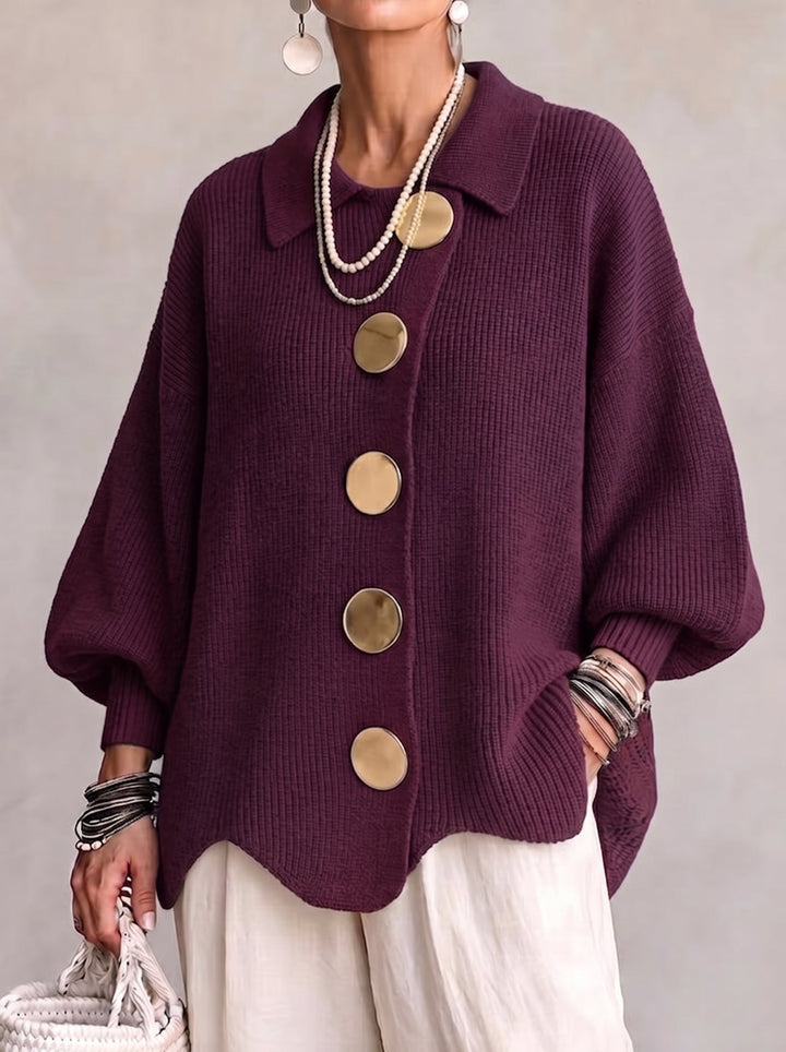 Elvinia | Cardigan Oversize à Col et Grands Boutons Métalliques