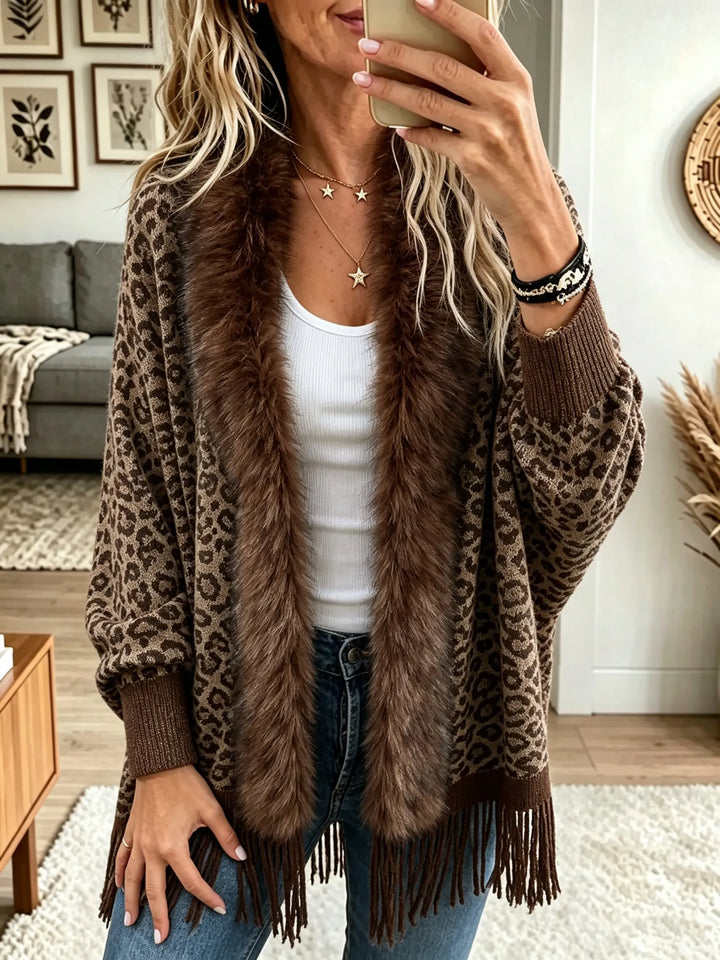 Églantine | Cardigan à Franges et Col en Fausse Fourrure Léopard
