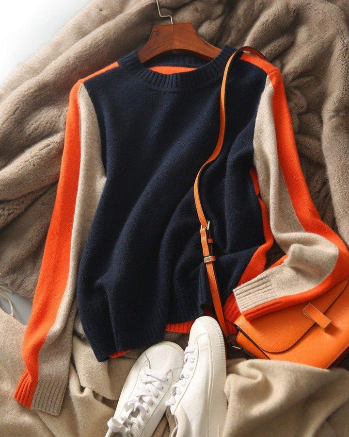 Vera | Pull à Rayures Rétro Bleu Marine et Orange
