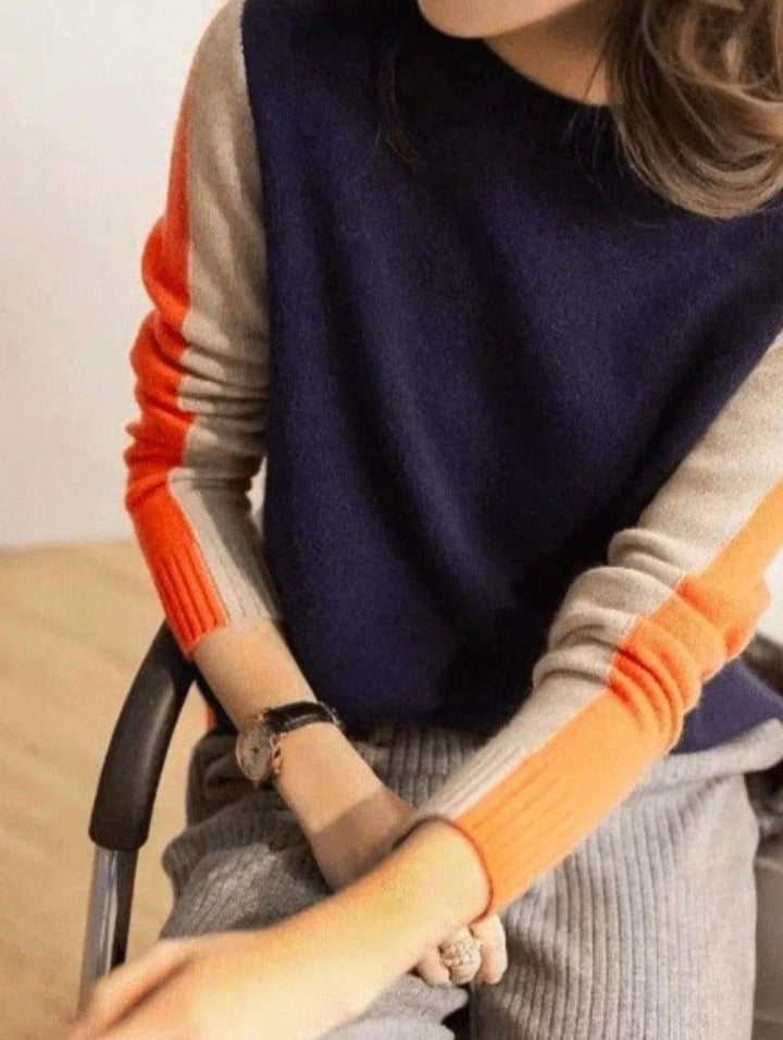 Vera | Pull à Rayures Rétro Bleu Marine et Orange